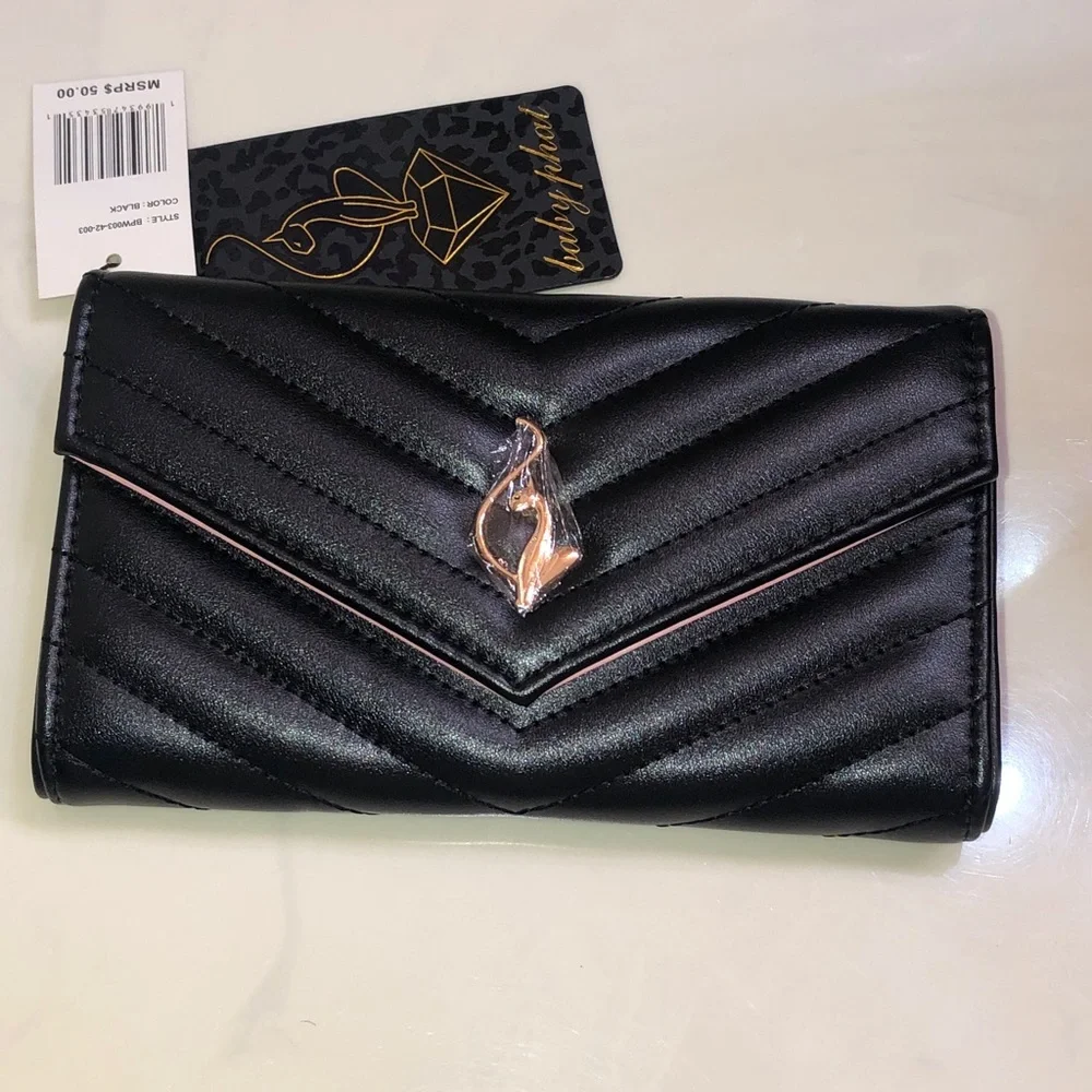 Baby Phat Black Faux Leather Quilted Chevron Flap Clutch Wallet Cat Logo NWT